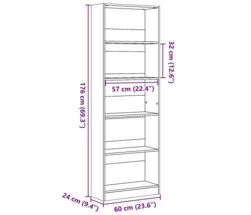 Estantería de madera de ingeniería gris hormigón 60x24x176 cm