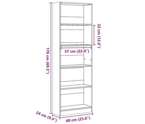 Estantería de madera de ingeniería gris Sonoma 60x24x176 cm