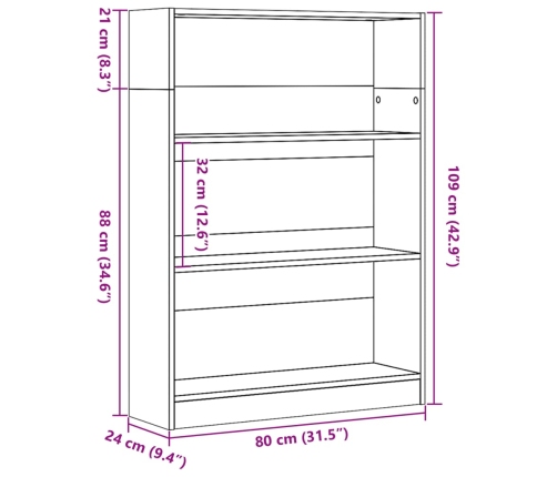 Estantería de madera de ingeniería gris Sonoma 80x24x109 cm