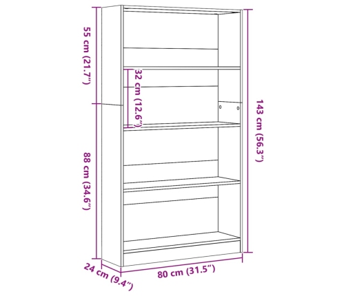 Estantería de madera de ingeniería negra 80x24x143 cm