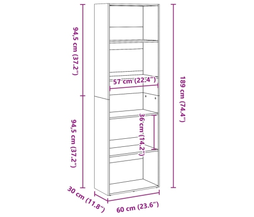 Estantería de madera de ingeniería blanca 60x30x189 cm