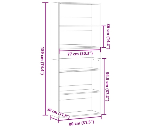 Estantería madera ingeniería gris hormigón 80x30x189cm