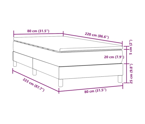 Cama box spring con colchón terciopelo gris claro 80x220 cm