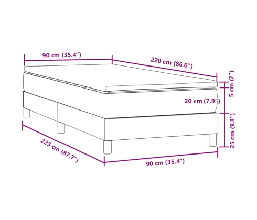 Cama box spring con colchón terciopelo gris claro 90x220 cm