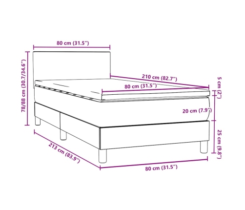 Cama box spring con colchón terciopelo gris claro 80x210 cm