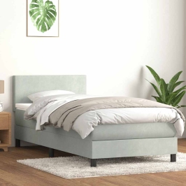 Cama box spring con colchón terciopelo gris claro 80x210 cm