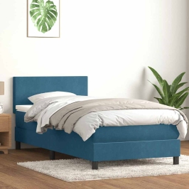 Cama box spring con colchón terciopelo azul oscuro 90x210 cm