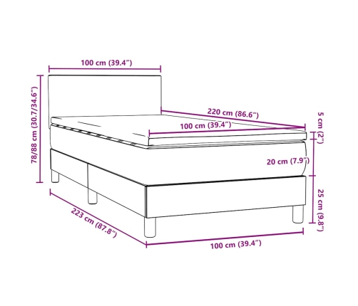 Cama box spring con colchón terciopelo gris claro 100x220 cm