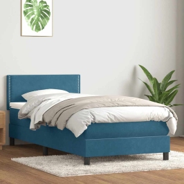 Cama box spring con colchón terciopelo azul oscuro 80x210 cm