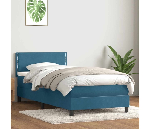 Cama box spring con colchón terciopelo azul oscuro 80x210 cm