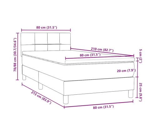 Cama box spring con colchón terciopelo gris claro 80x210 cm