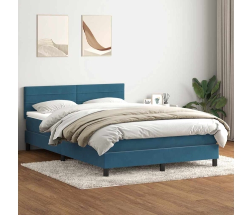 Cama box spring con colchón terciopelo azul oscuro 140x210 cm