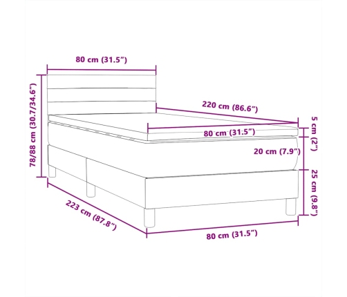 Cama box spring con colchón terciopelo gris claro 80x220 cm