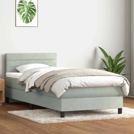 Cama box spring con colchón terciopelo gris claro 90x220 cm