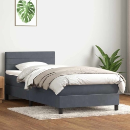 Cama box spring con colchón terciopelo gris oscuro 90x220 cm