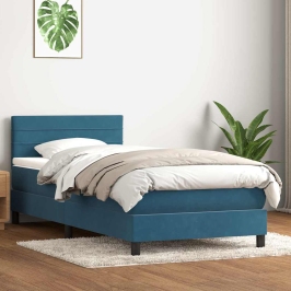 Cama box spring con colchón terciopelo azul oscuro 100x220 cm