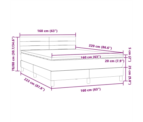 Cama box spring con colchón terciopelo gris claro 160x220 cm