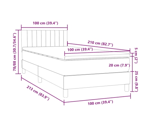 Cama box spring con colchón terciopelo gris claro 100x210 cm