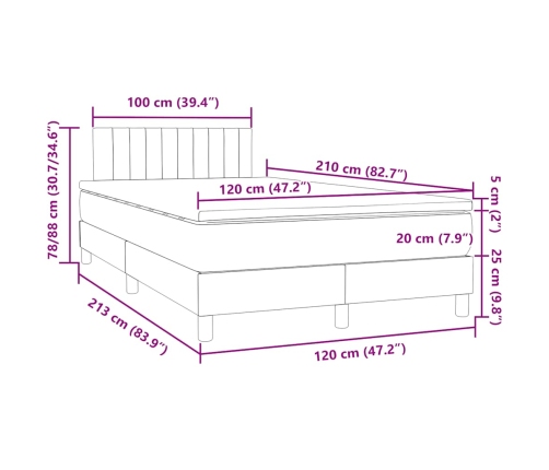 Cama box spring con colchón terciopelo gris claro 120x210 cm