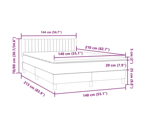 Cama box spring con colchón terciopelo gris claro 140x210 cm