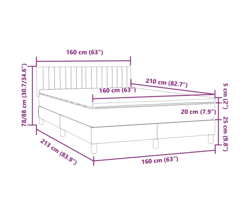 Cama box spring con colchón terciopelo gris claro 160x210 cm