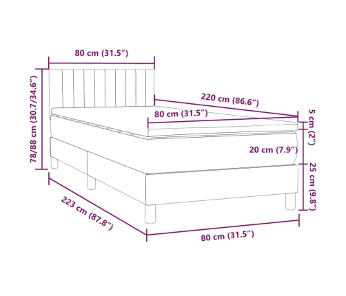 Cama box spring con colchón terciopelo gris claro 80x220 cm