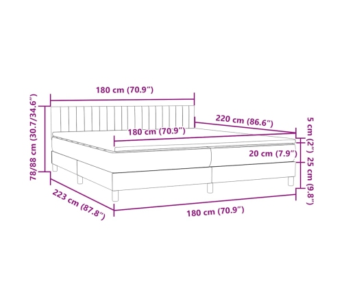 Cama box spring con colchón terciopelo gris oscuro 180x220 cm