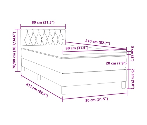 Cama box spring con colchón terciopelo gris claro 80x210 cm