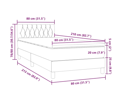 Cama box spring con colchón terciopelo gris oscuro 80x210 cm