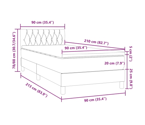 Cama box spring con colchón terciopelo gris claro 90x210 cm