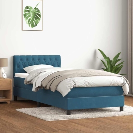 Cama box spring con colchón terciopelo azul oscuro 90x210 cm