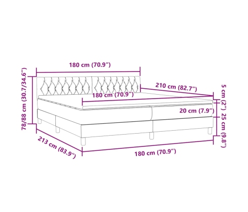 Cama box spring con colchón terciopelo gris claro 180x210 cm