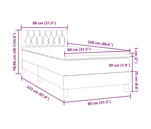 Cama box spring con colchón terciopelo gris oscuro 80x220 cm