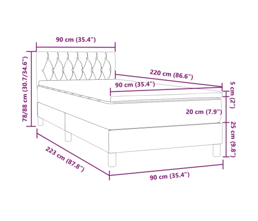 Cama box spring con colchón terciopelo gris claro 90x220 cm