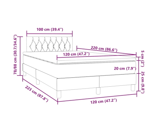 Cama box spring con colchón terciopelo gris claro 120x220 cm