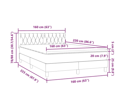 Cama box spring con colchón terciopelo gris claro 160x220 cm