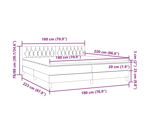 Cama box spring con colchón terciopelo gris oscuro 180x220 cm