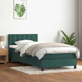 Cama box spring con colchón terciopelo verde oscuro 90x210 cm