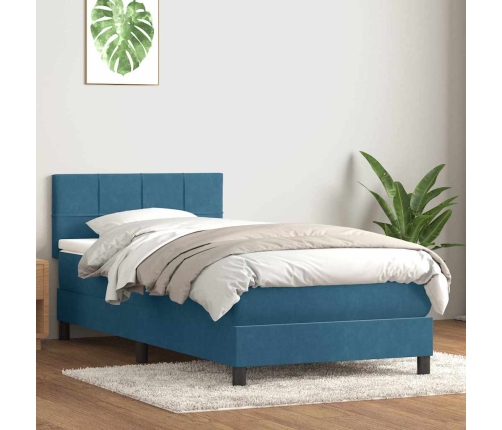 Cama box spring con colchón terciopelo azul oscuro 90x210 cm