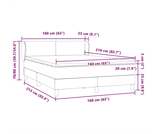 Cama box spring con colchón terciopelo gris oscuro 160x210 cm