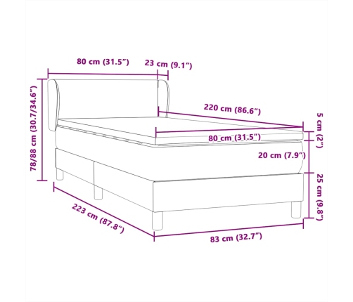 Cama box spring con colchón terciopelo gris claro 80x220 cm