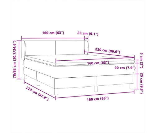 Cama box spring con colchón terciopelo gris claro 160x220 cm