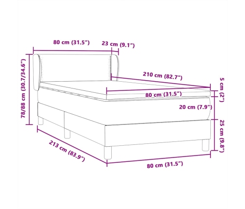 Cama box spring con colchón terciopelo gris claro 80x210 cm