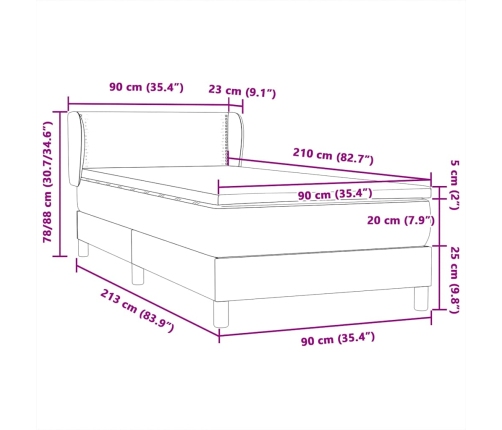 Cama box spring con colchón terciopelo gris claro 90x210 cm