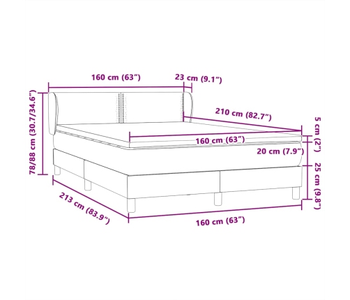 Cama box spring con colchón terciopelo gris claro 160x210 cm