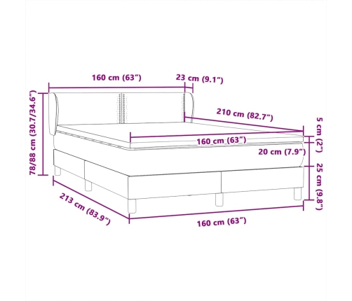 Cama box spring con colchón terciopelo gris oscuro 160x210 cm