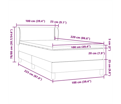 Cama box spring con colchón terciopelo gris claro 100x220 cm