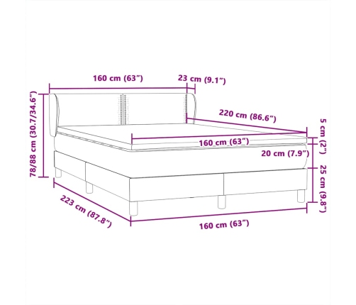 Cama box spring con colchón terciopelo gris oscuro 160x220 cm