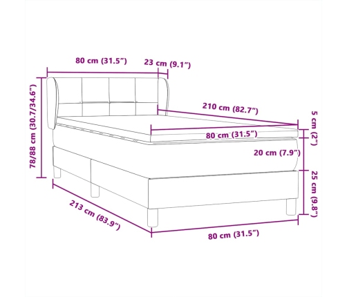 Cama box spring con colchón terciopelo gris claro 80x210 cm