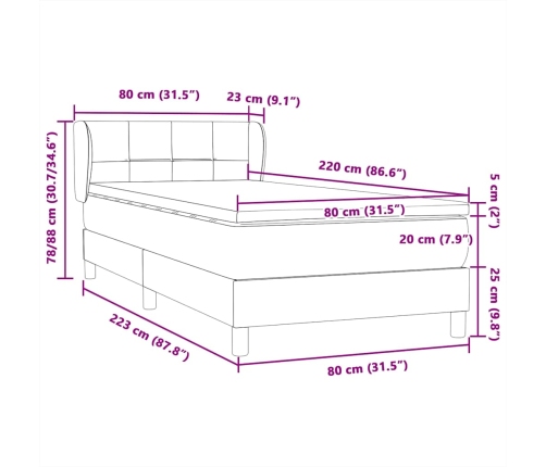 Cama box spring con colchón terciopelo gris claro 80x220 cm